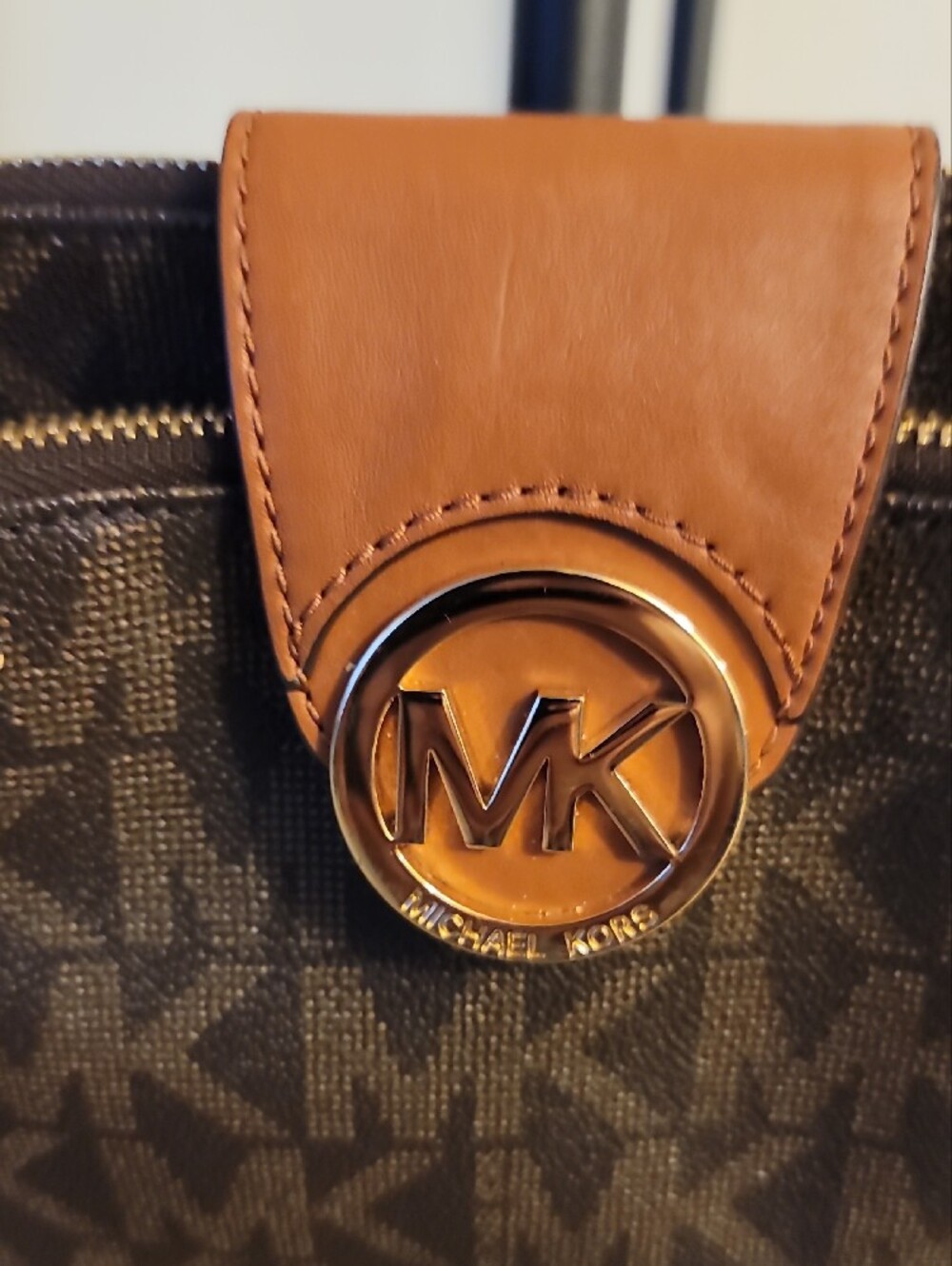Michael Kors Brown Logo Crossbody with Tan Leather Flap and Gold MK Emblem - Picture 4 of 16